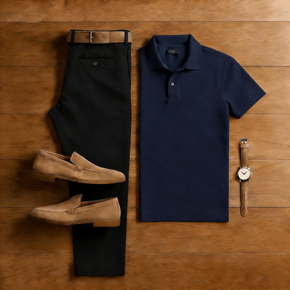 Men's Casual Navy Blue & Black Solid Color Matching Short Sleeved Polo Shirt & Trousers Two-Piece Set