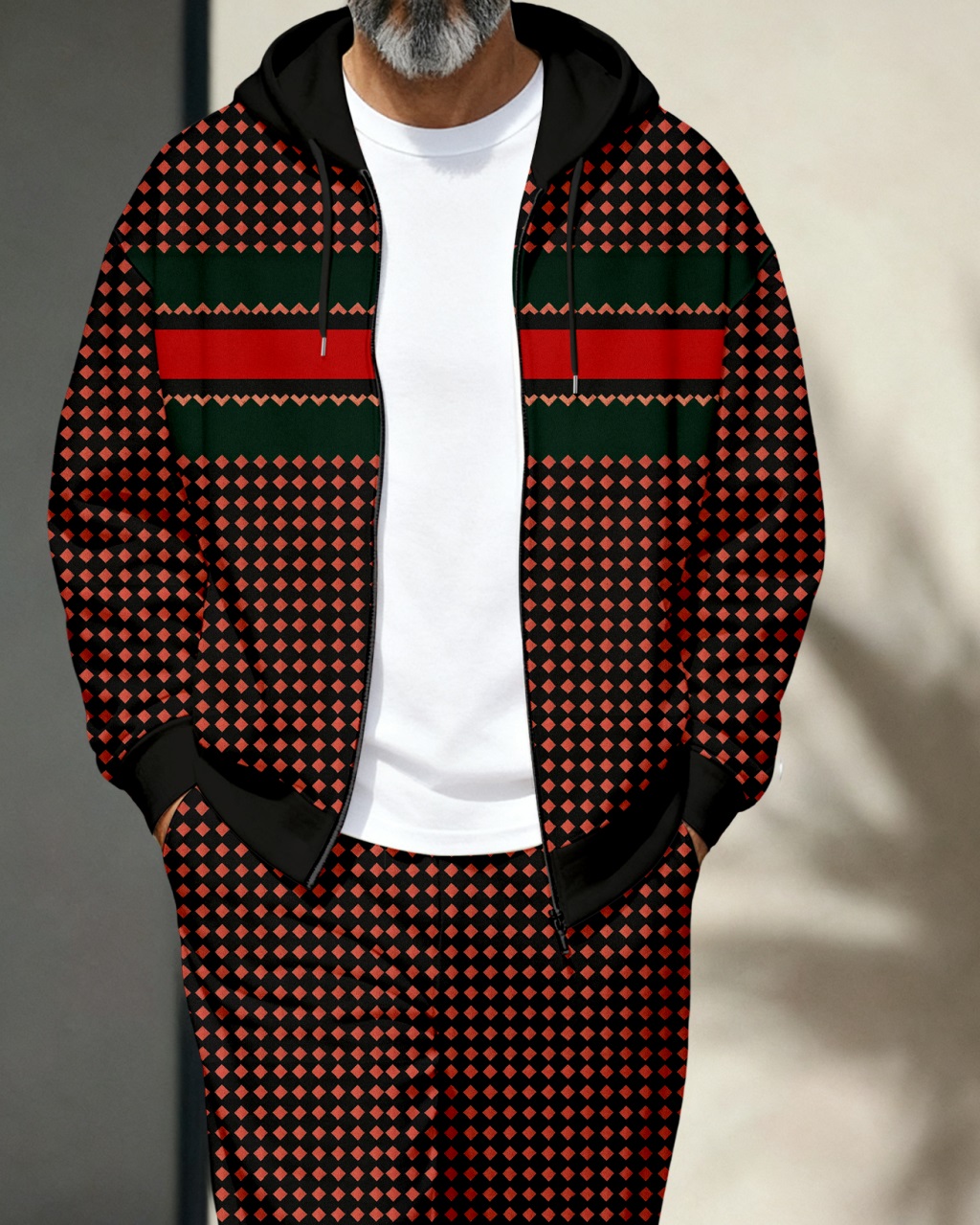 Men's Men's Retro Luxury Thickened Fleece Colorblock Jacket Sports Hoodie Set 03