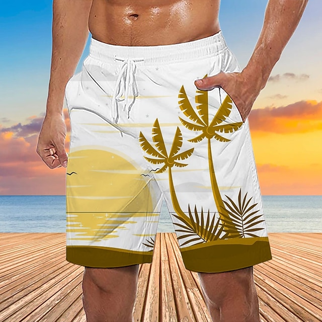 Men's Graphic Coconut Tree Swim Trunks Swim Shorts Board Shorts Mid Waist Streetwear Hawaiian Boho Casual Daily Holiday Drawstring Elastic Waist 3D Print Designer Clothing Apparel