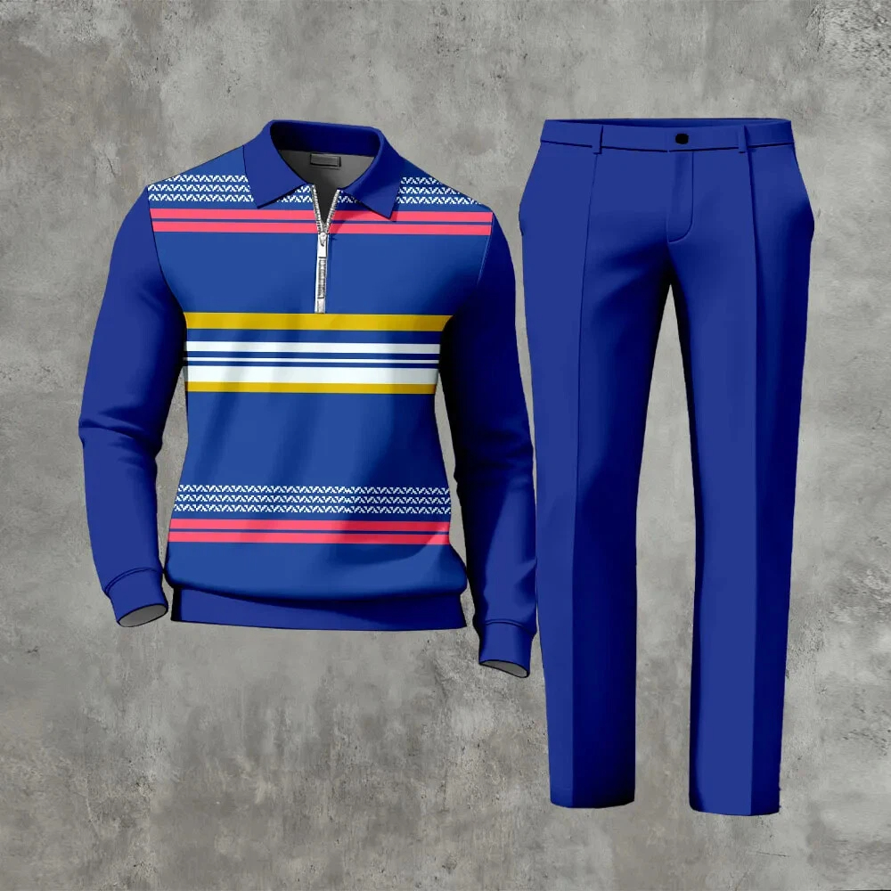 Men's Casual Color Matching Printed Polo-Collar Zipper Long Sleeved Trousers Two-Piece Set