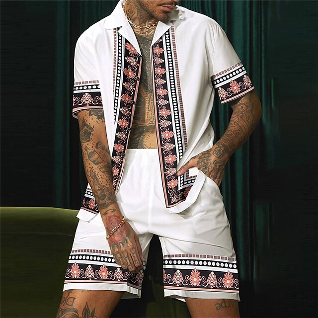Men's Floral Print Totem Ethnic 2pcs Shirts Sets Summer Hawaiian Shirt Short Sleeve Short Pants Cuban Collar Fashion Streetwear Hawaiian Outdoor Street Daily Print Summer Spring White