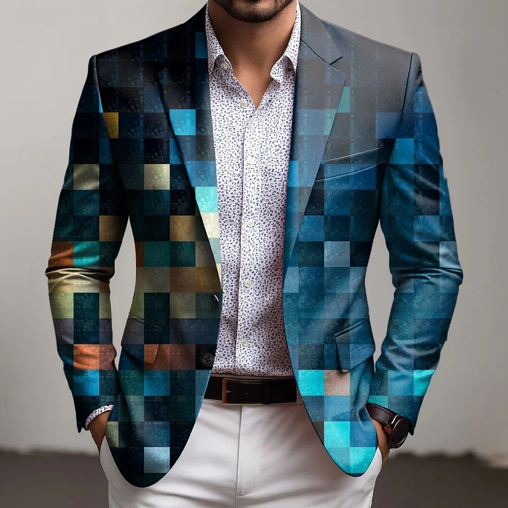  Men's Geometric Blazer Jacket Coat Comfortable Breathable Artistic Casual Casual Daily Party Evening Wear 3D Print Buttons Multi Pocket Fall & Winter Spring Notch Long Sleeve Blue Red Purple 