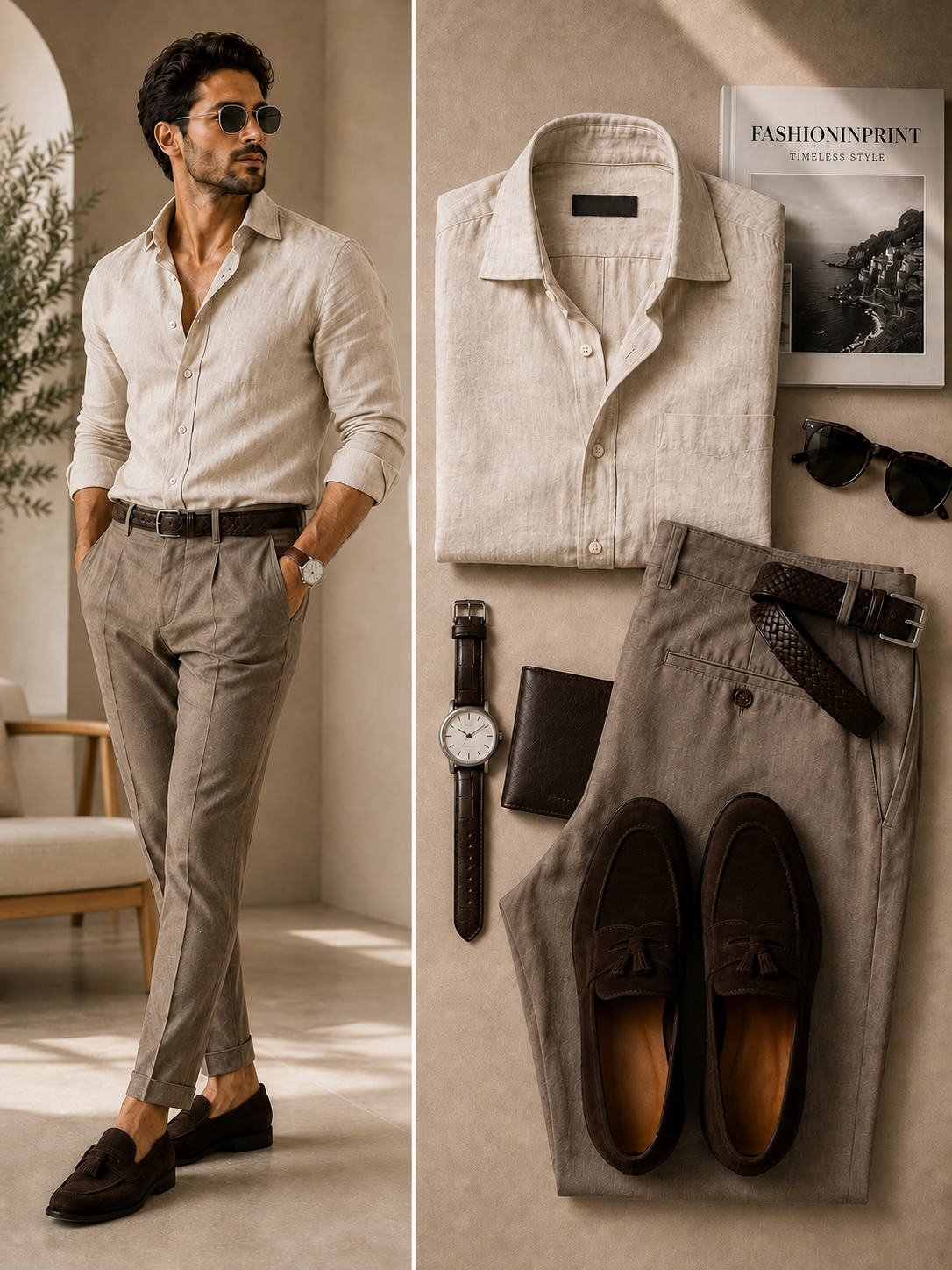 Men's Beige Textured Long Sleeve Button Down Shirt & Taupe Tailored Pants 2 Piece Set