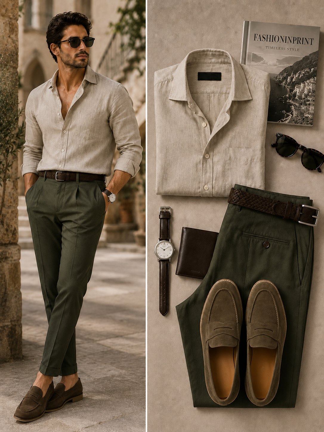 Men's Beige Textured Long Sleeve Button Down Shirt & Olive Tailored Pants 2 Piece Set