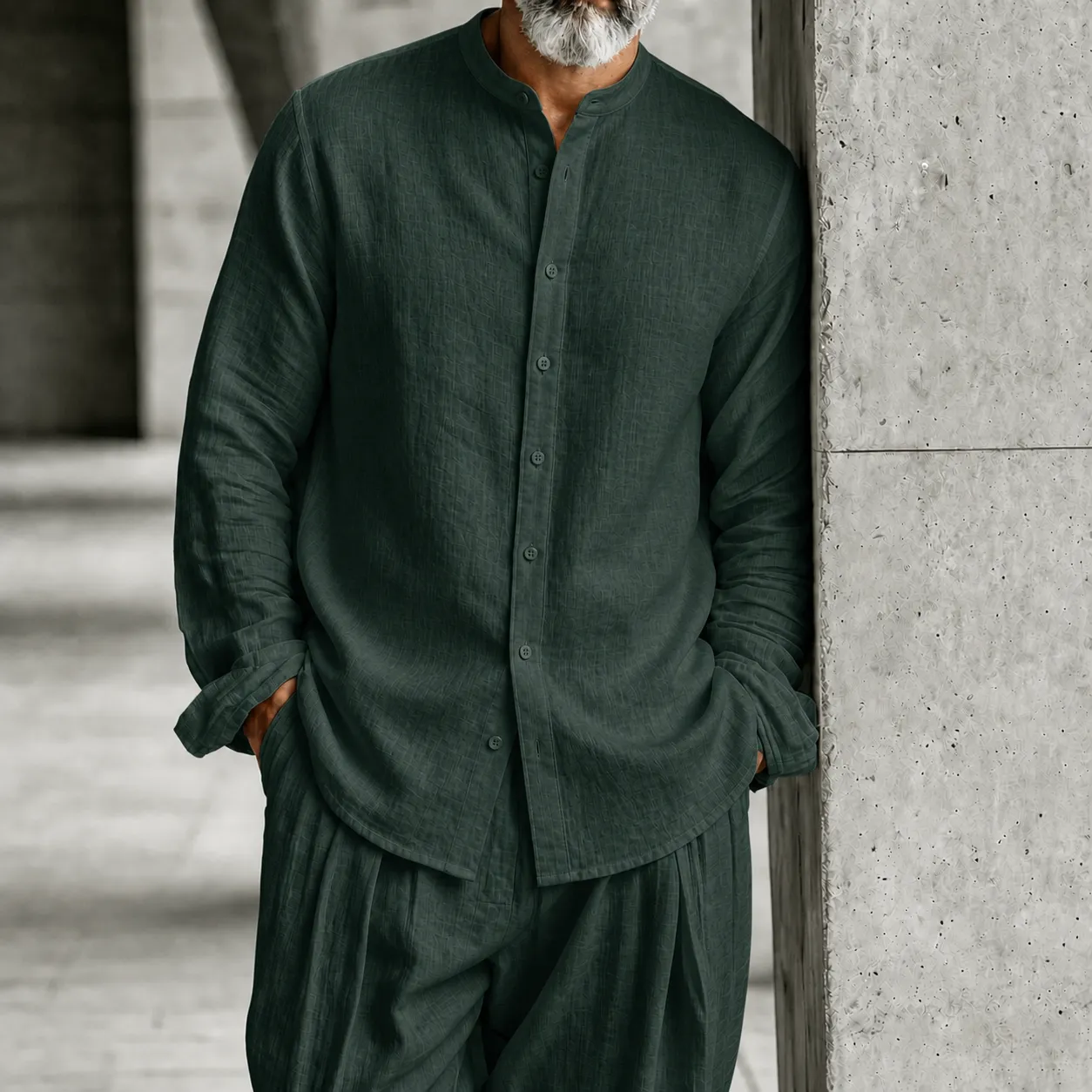 Men's Stand-Collar Half-Open Henley Shirt and Trousers Set