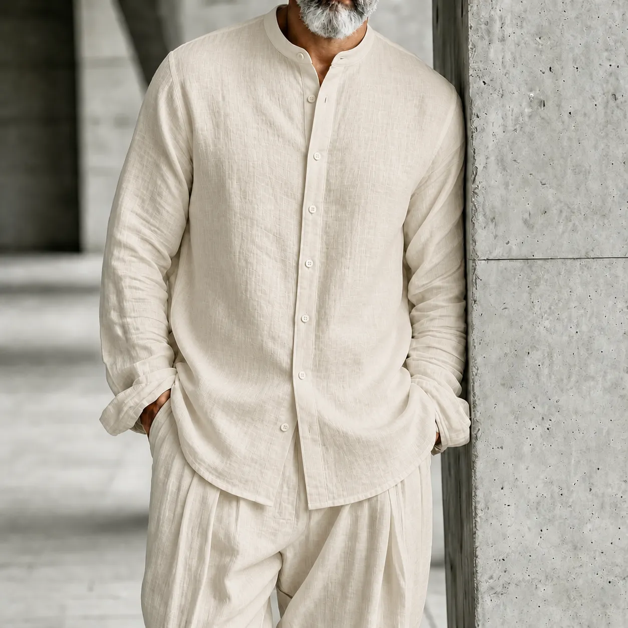 Men's Stand-Collar Half-Open Henley Shirt and Trousers Set