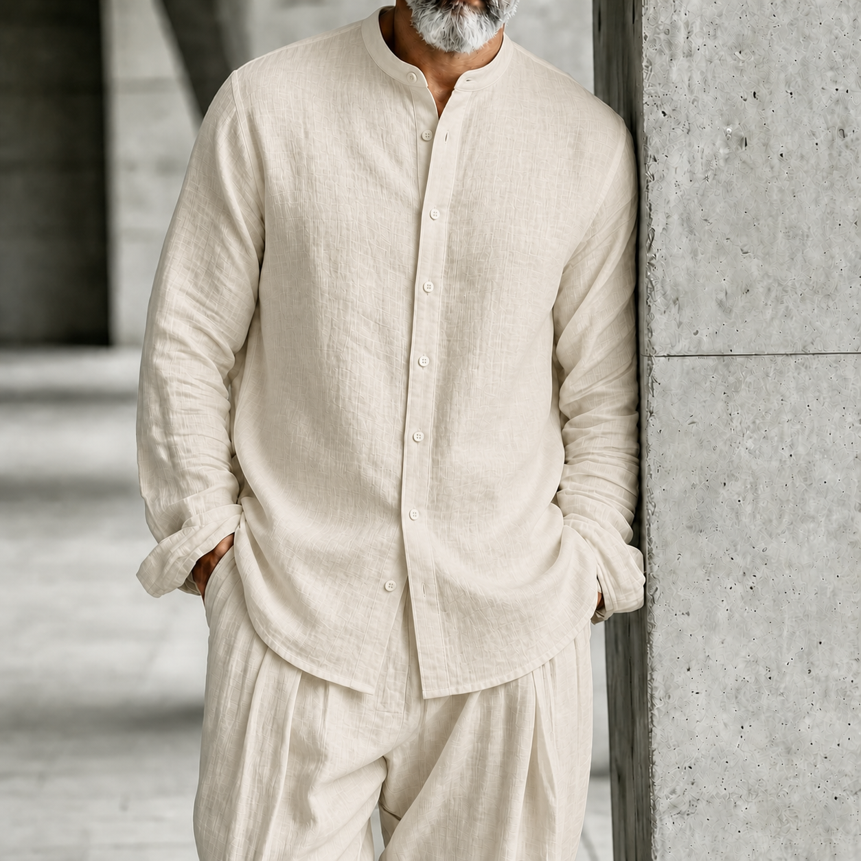Men's Stand-Collar Half-Open Henley Shirt and Trousers Set