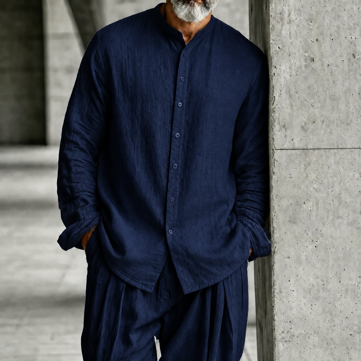 Men's Stand-Collar Half-Open Henley Shirt and Trousers Set
