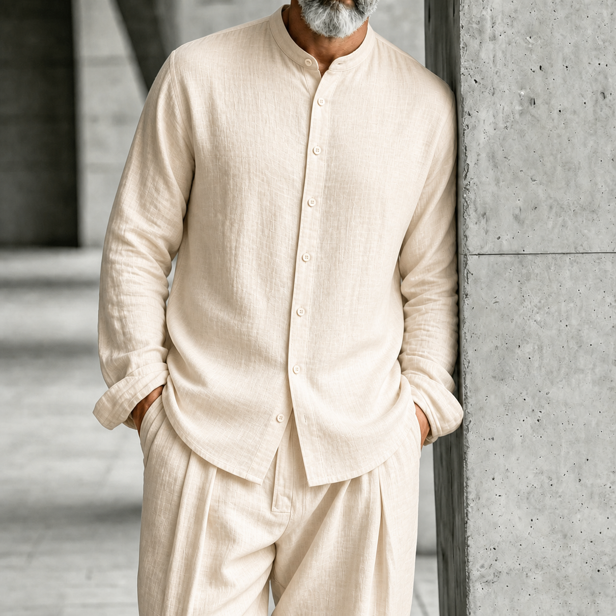 Men's Stand-Collar Half-Open Henley Shirt and Trousers Set