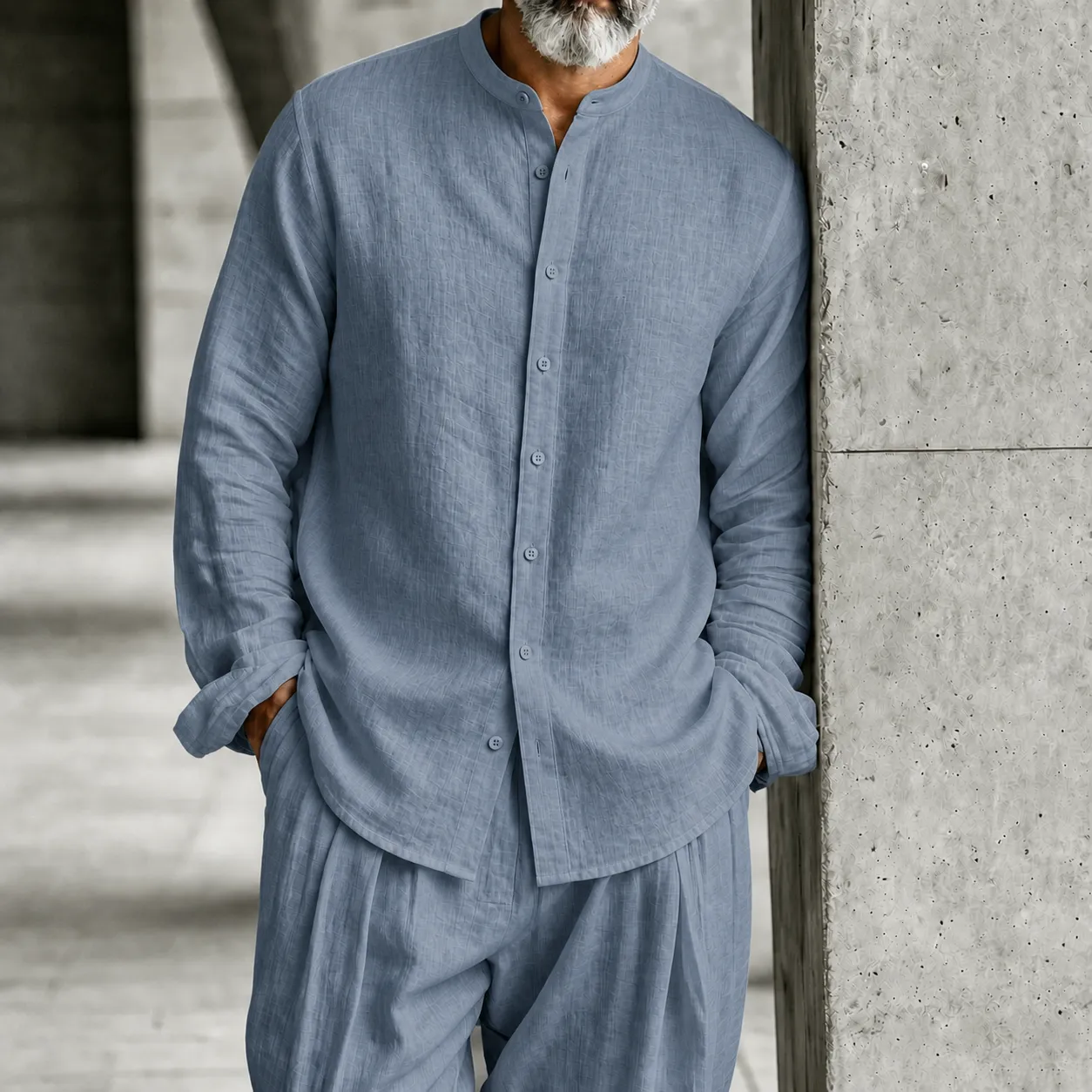 Men's Stand-Collar Half-Open Henley Shirt and Trousers Set