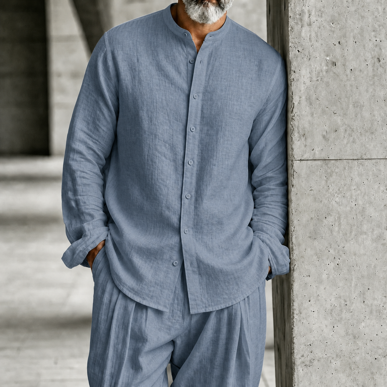 Men's Stand-Collar Half-Open Henley Shirt and Trousers Set