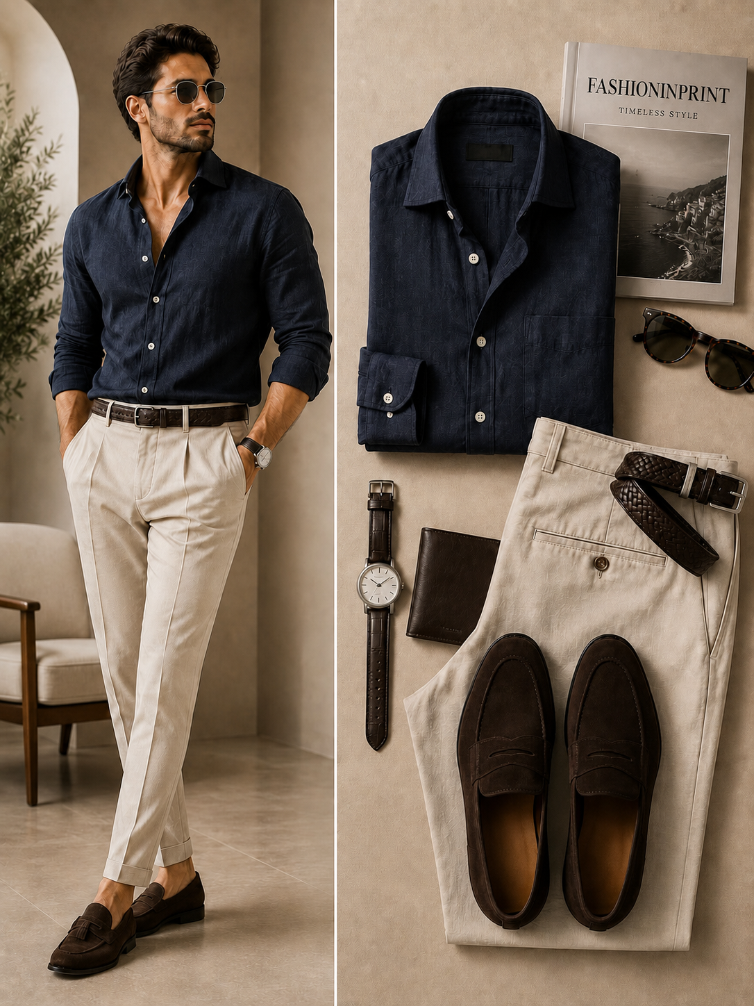 Men's Navy Textured Long Sleeve Button Down Shirt & Ivory Tailored Pants 2 Piece Set
