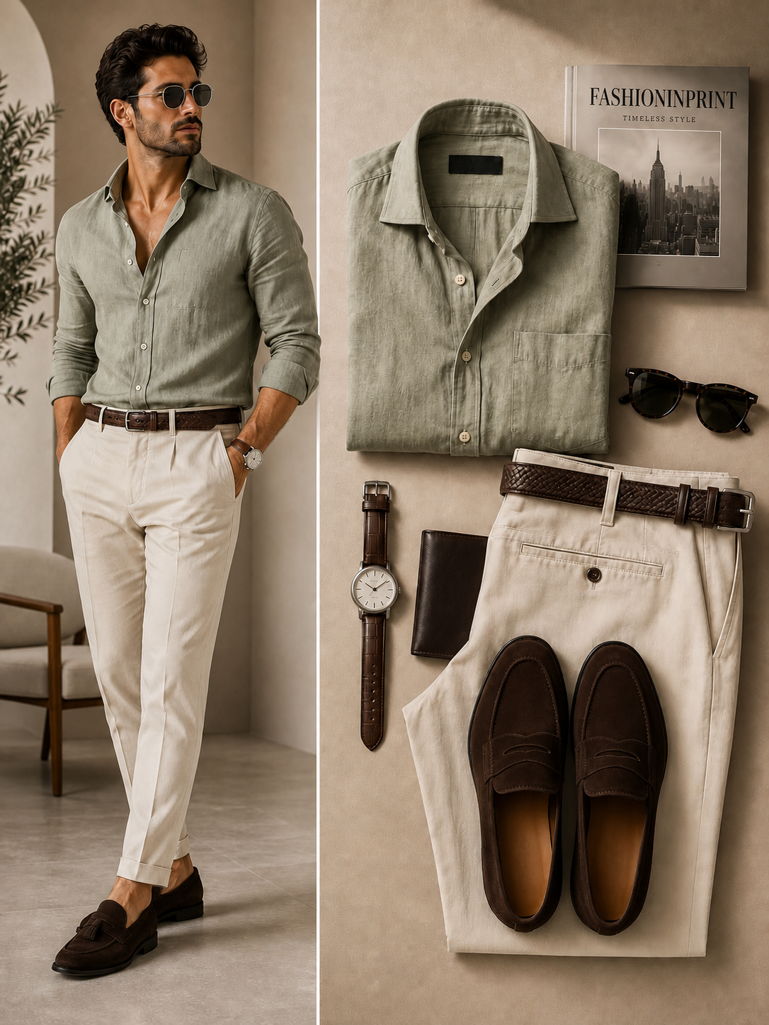 Men's Sage Textured Long Sleeve Button Down Shirt & Ivory Tailored Pants 2 Piece Set