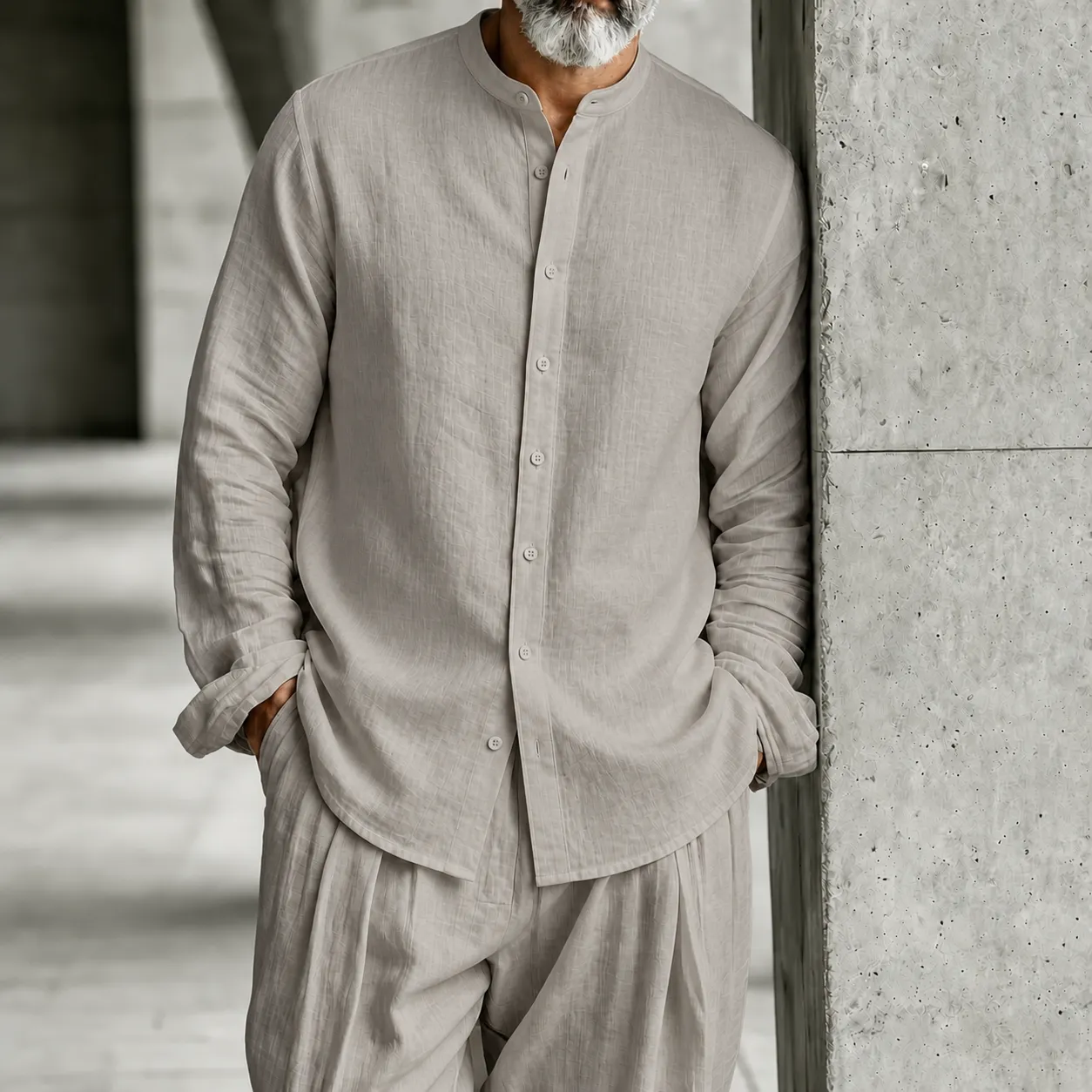 Men's Stand-Collar Half-Open Henley Shirt and Trousers Set