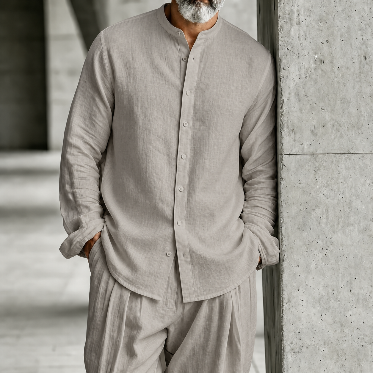Men's Stand-Collar Half-Open Henley Shirt and Trousers Set