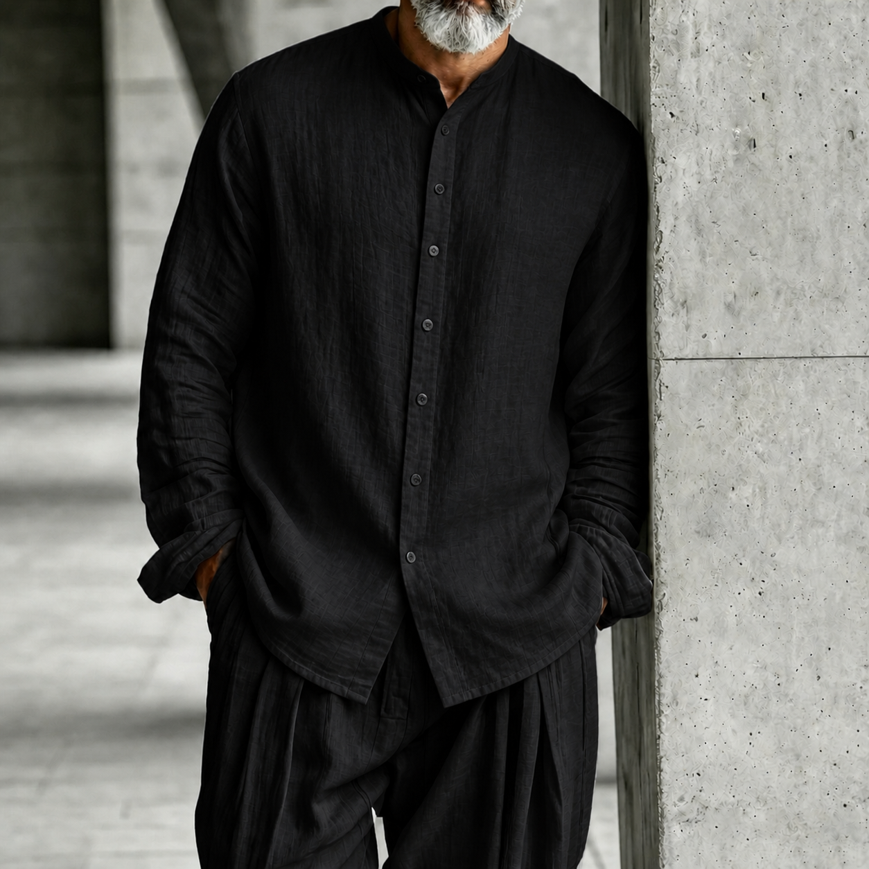 Men's Stand-Collar Half-Open Henley Shirt and Trousers Set