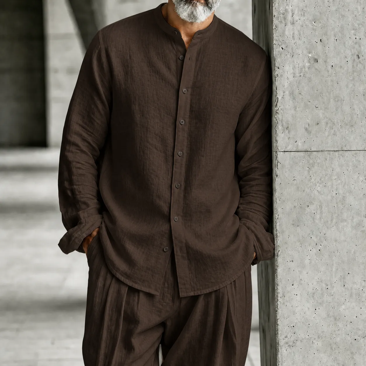 Men's Stand-Collar Half-Open Henley Shirt and Trousers Set