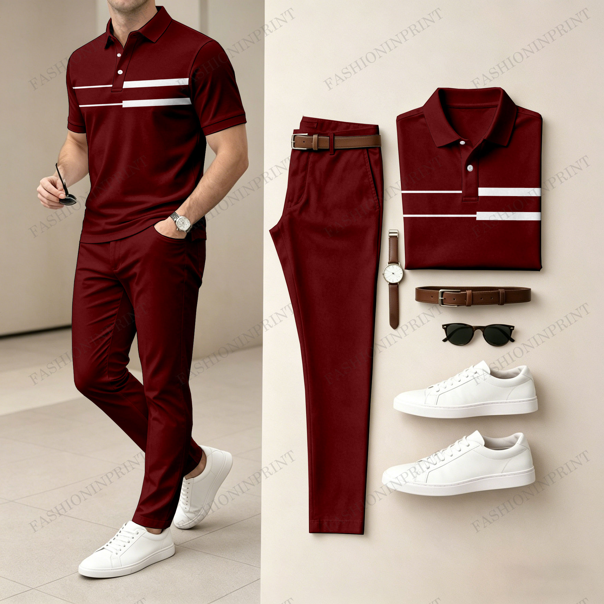 Men's Light And Mature Style, Simple Color Matching Short Sleeved Polo Shirt & Pants Two-Piece Set