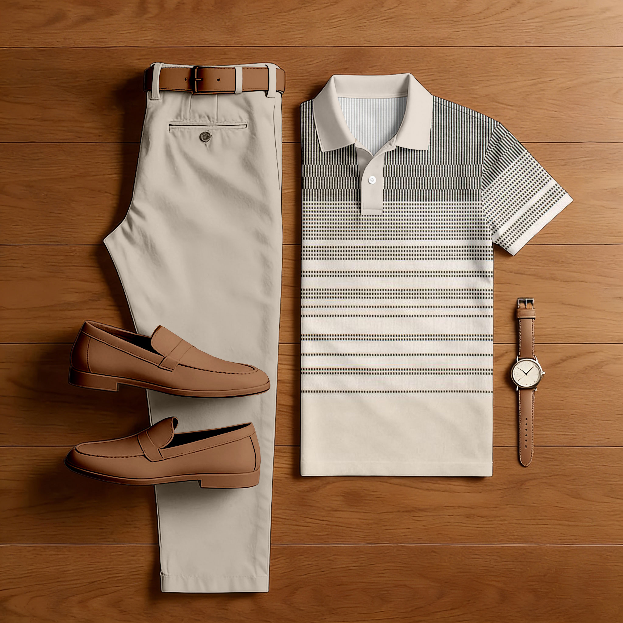 Men's Casual Beige Color Matching Striped Printed Short Sleeved Polo Shirt & Trousers Two-Piece Set