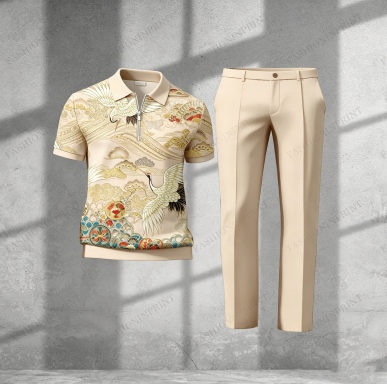 Men's Casual Royal Green Crane Short-Sleeved Half-Zip Polo Shirt And Royal Green Trousers Two-Piece Set