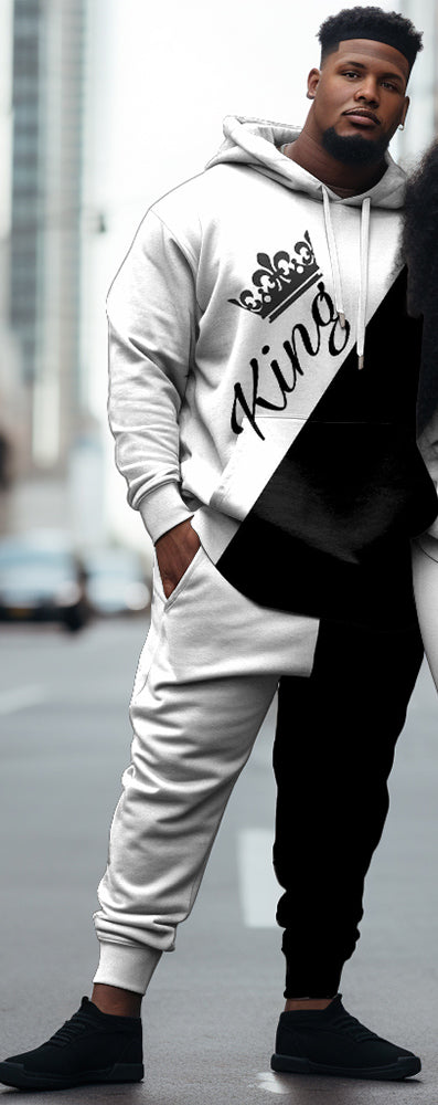 Couple's Large Size Casual Couple Outfit Color Blocked KING QUEEN Hoodie Set