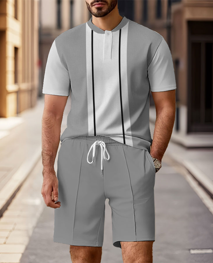 Men's Fashion Casual Round-Neck Geometric Printed Short-Sleeved Two-Piece Set