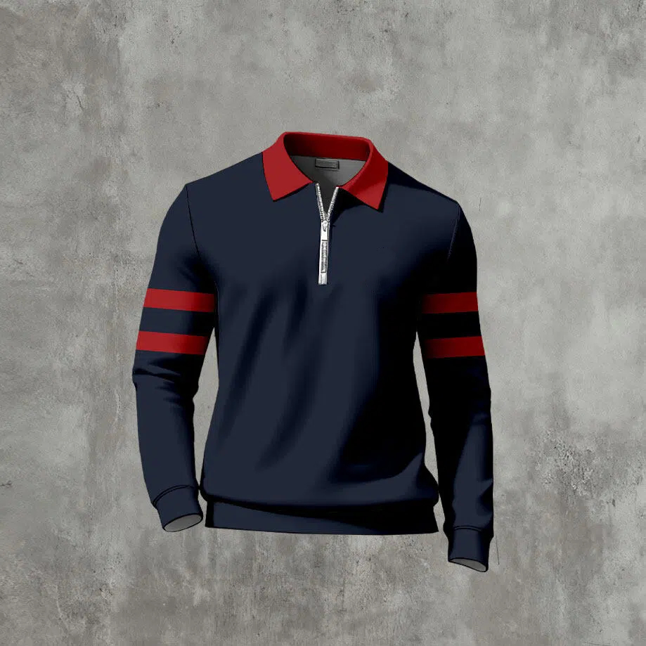 Men's Casual Color Matching Printed Polo-Collar Zipper Long Sleeved T-Shirts