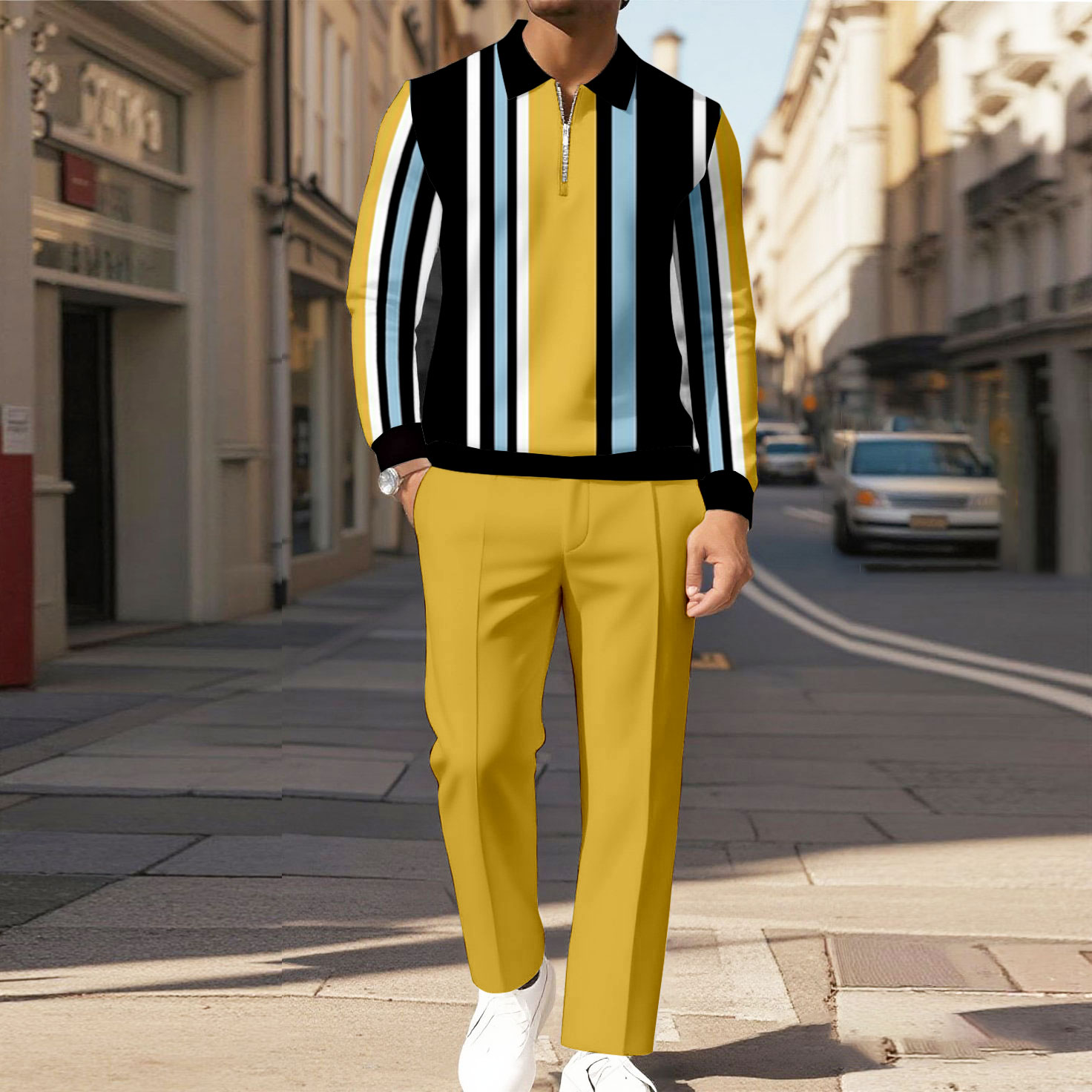 Men's Casual Color Matching Printed Polo-Collar Zipper Long Sleeved Trousers Two-Piece Set 1028