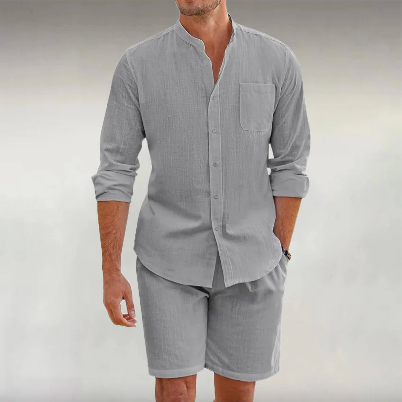 Men's Solid  Color Long Sleeves Shirt & Shorts Two Pieces Set