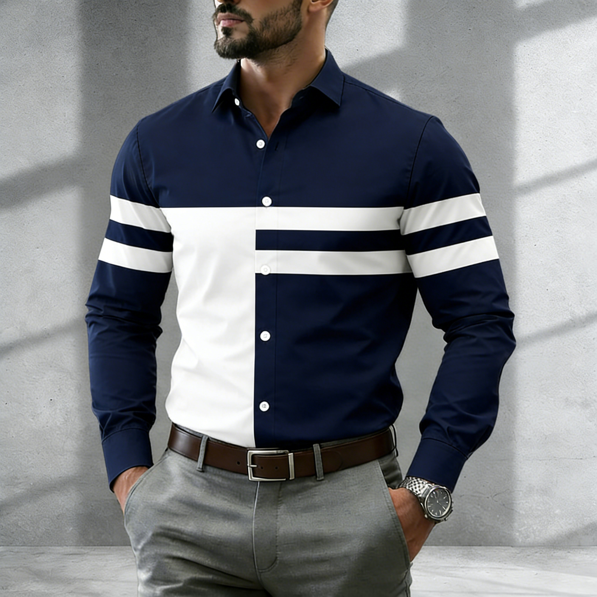 Men's Casual Navy Blue & White Color Matching Geometric Print Long-Sleeve Shirt