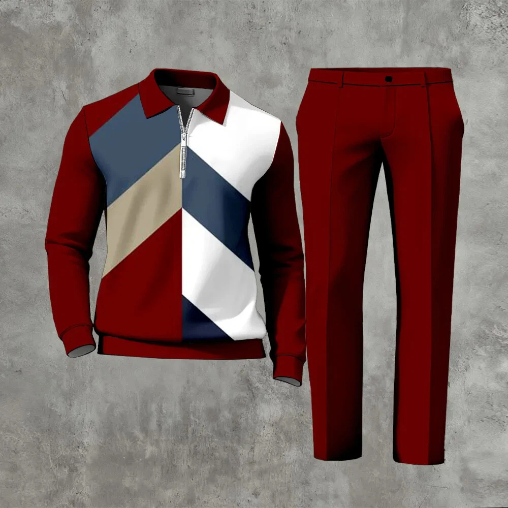 Men's Casual Color Matching Printed Polo-Collar Zipper Long Sleeved Trousers Two-Piece Set