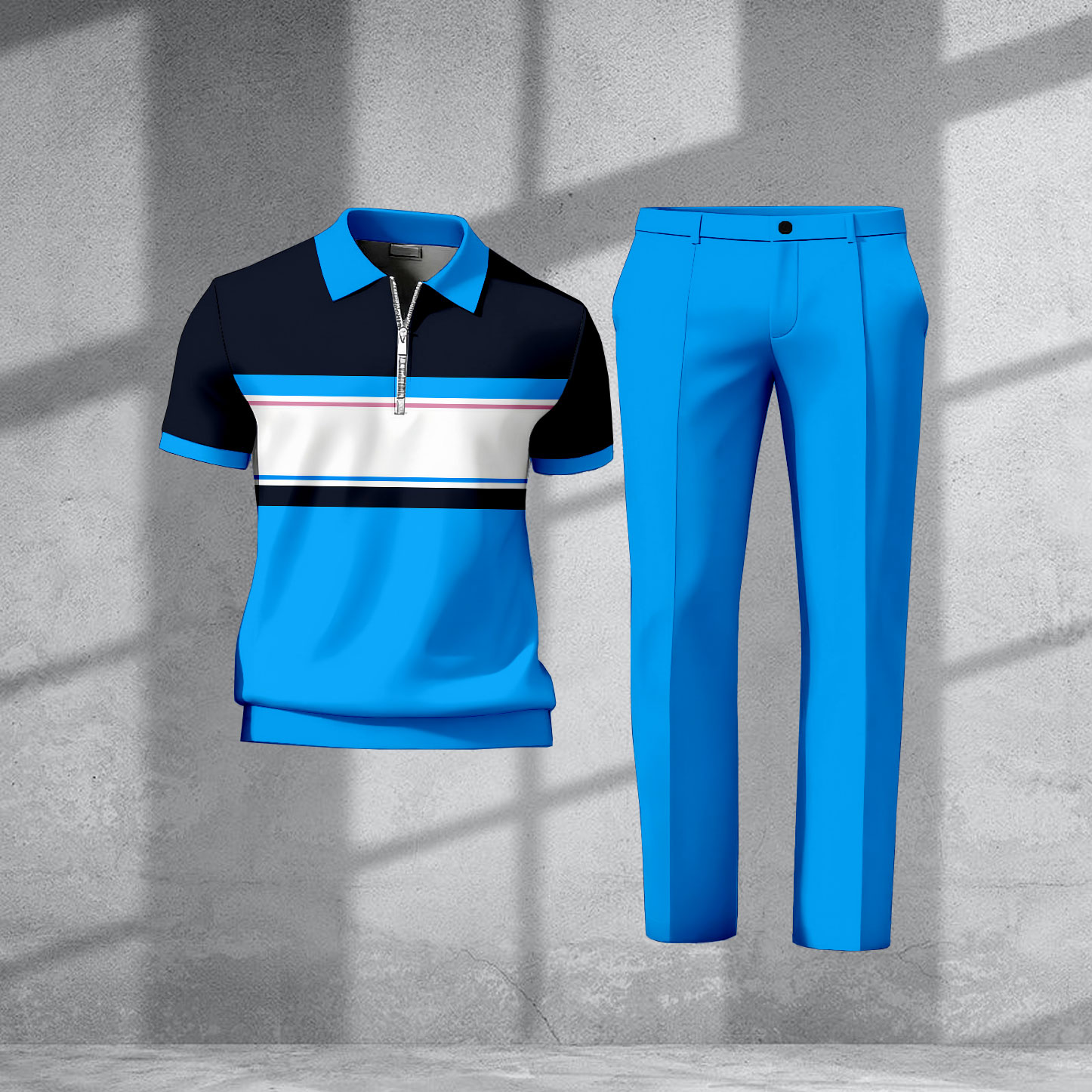 Men's Casual Blue & Black Color Matching Printed Zipper Short Sleeved Polo Shirt & Trousers Two-Piece Set