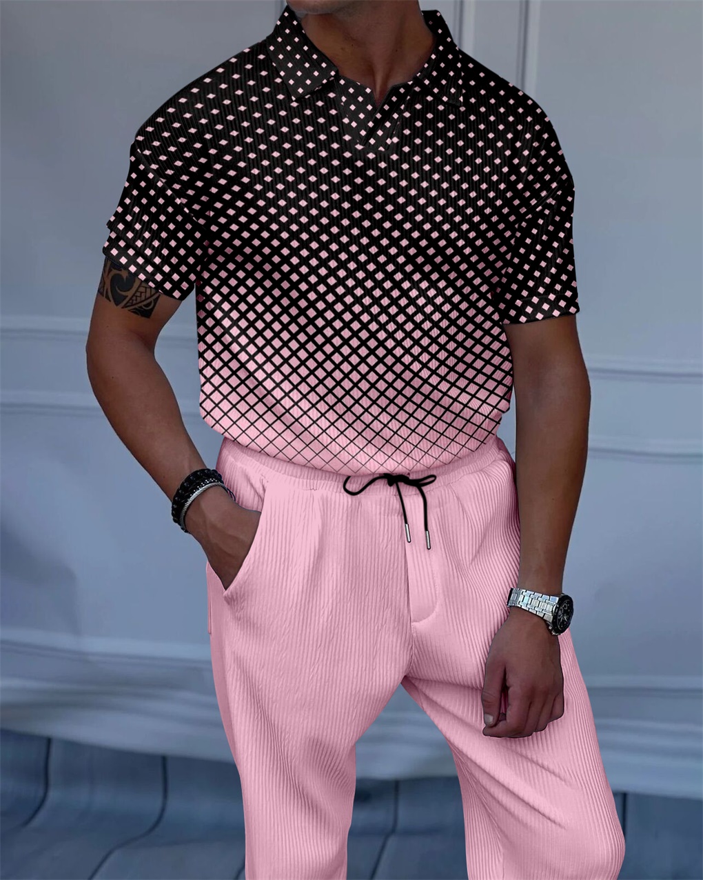 Men's Luxury Casual Textured Polo Short Sleeve Suit - 090