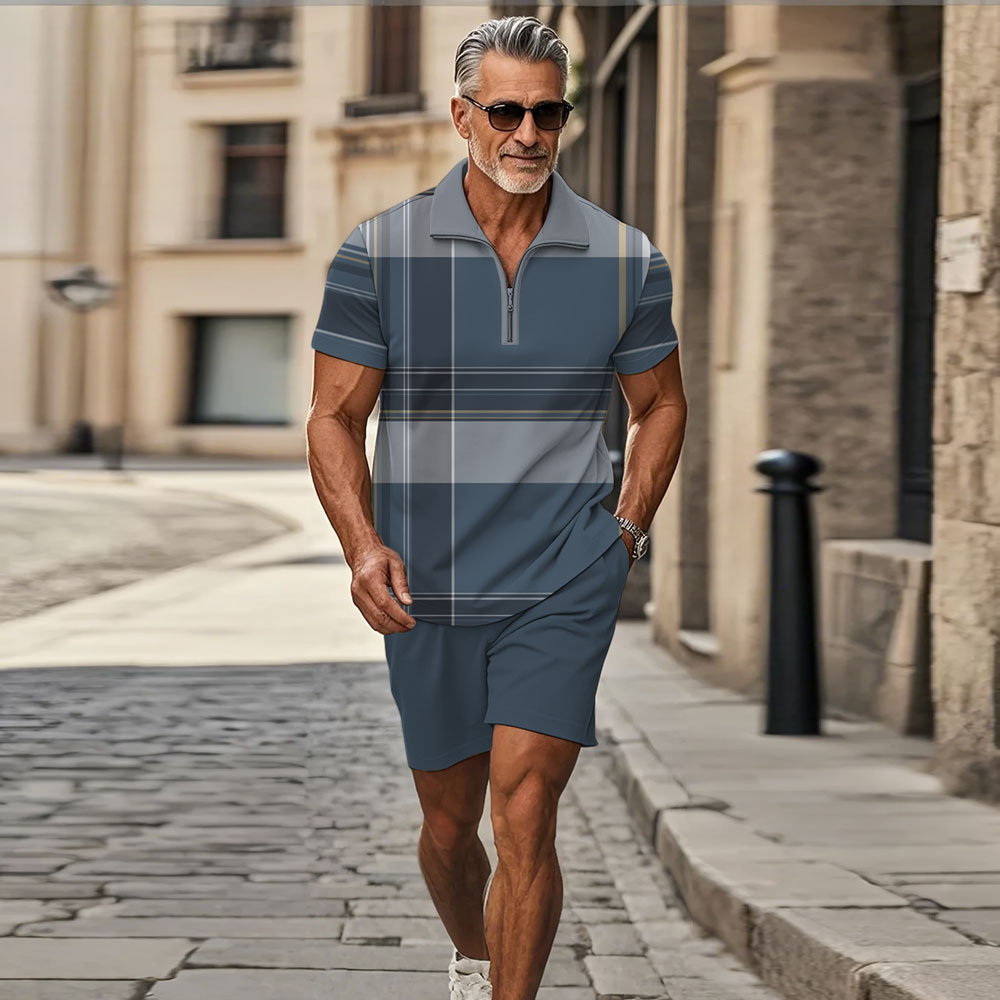 Men's Fashion Casual Zipper Polo Collar Geometric Printed Short-Sleeved Two-Piece Set