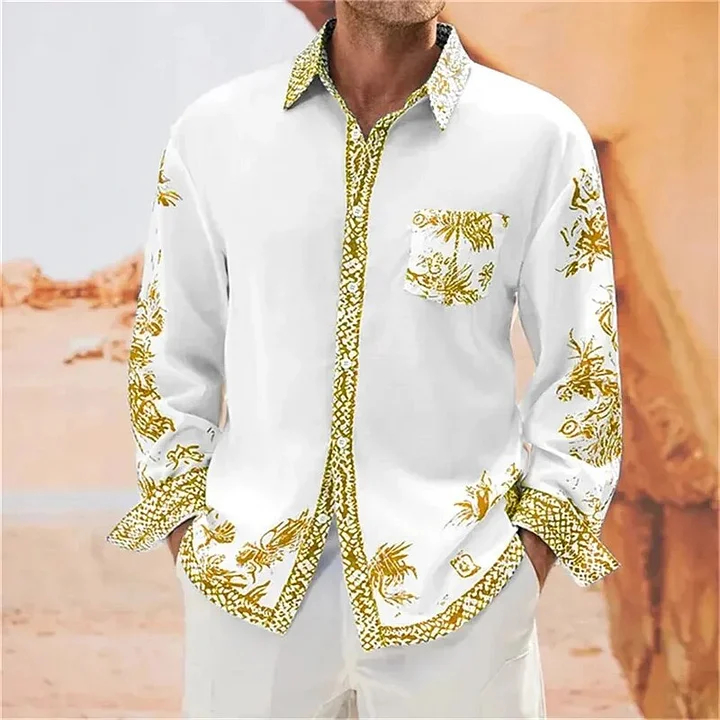 Men's Vintage Floral Pattern Pocket Long Sleeve Casual Shirt