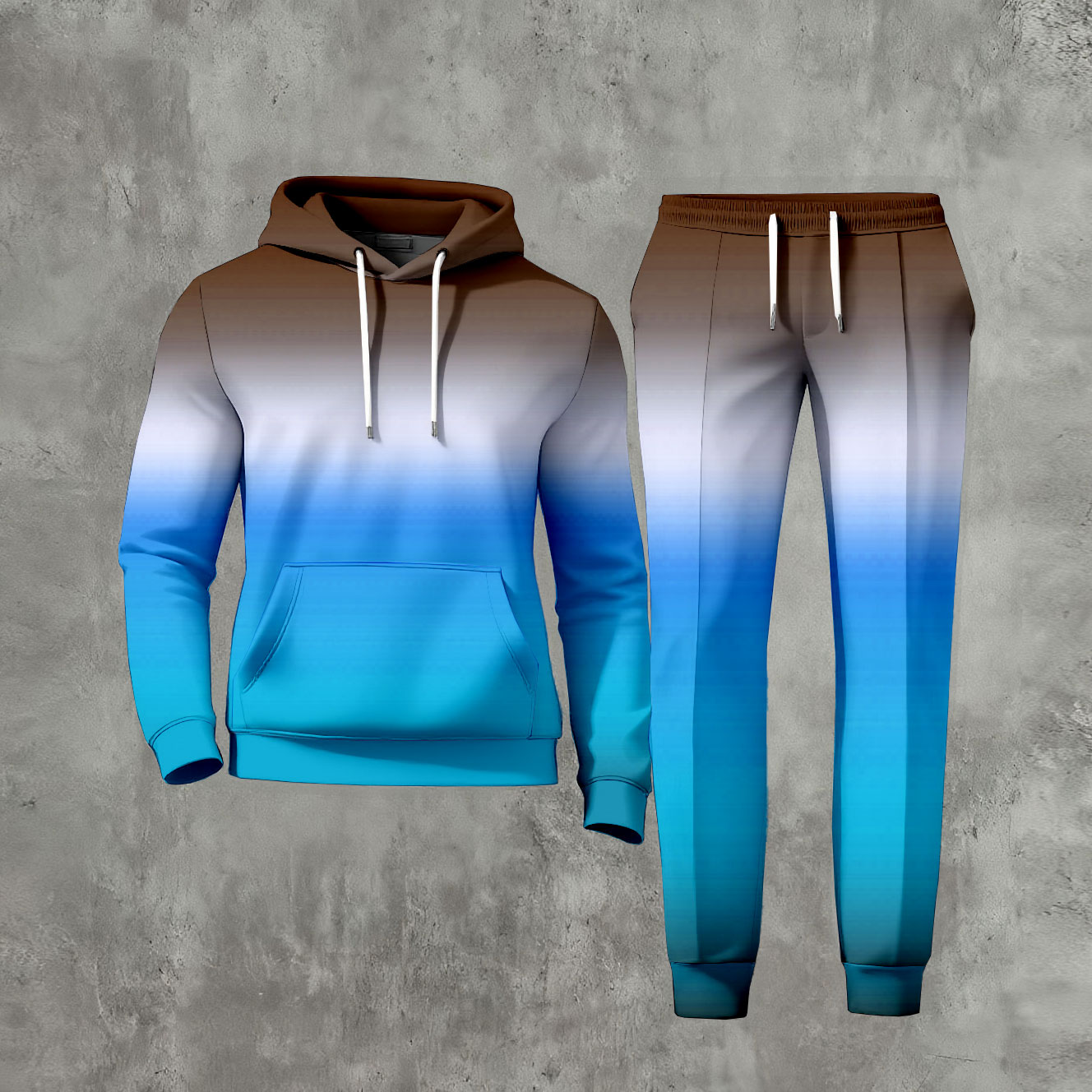 Men's Casual Gradient Color Matching Printed Long-Sleeved Hoodies Sweatshirt & Trousers Two-Piece Set