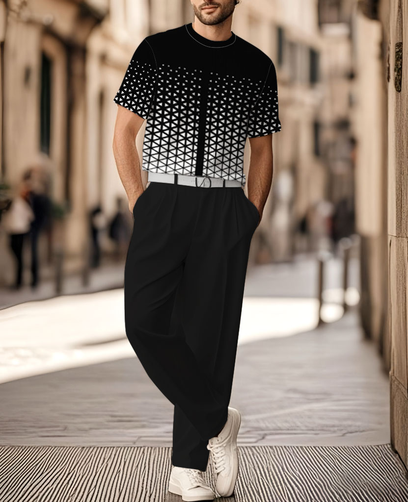 Men's Knitted Thread Flower Crew Neck Short Sleeve T-Shirt And Straight Leg Pants Set