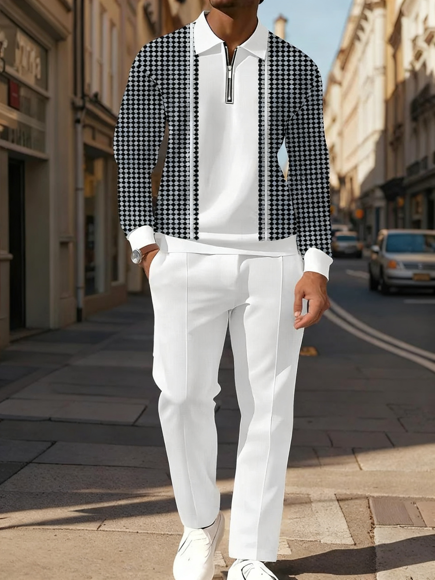 Men's Casual Colorblock Personalized Long Sleeve Polo Shirt Set  009