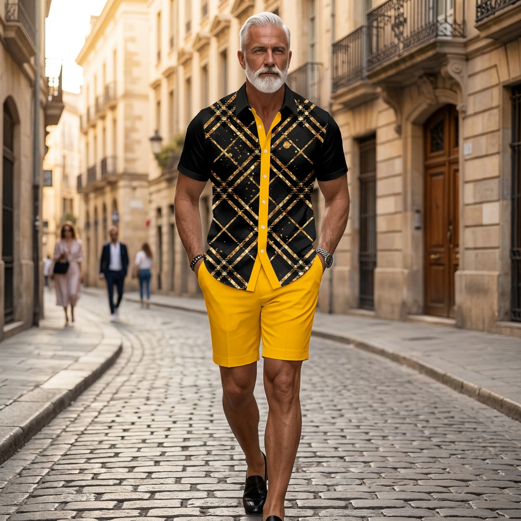Men's Casual Yellow & Black Color Matching Checkered Print Short-Sleeve Shirt & Shorts Two-Piece Set 202442
