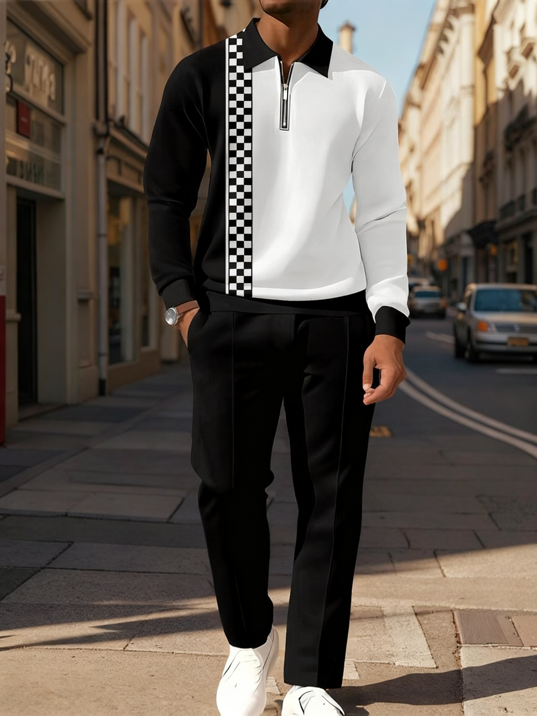 Men's Casual Colorblock Personalized Long Sleeve Polo Shirt Set  007