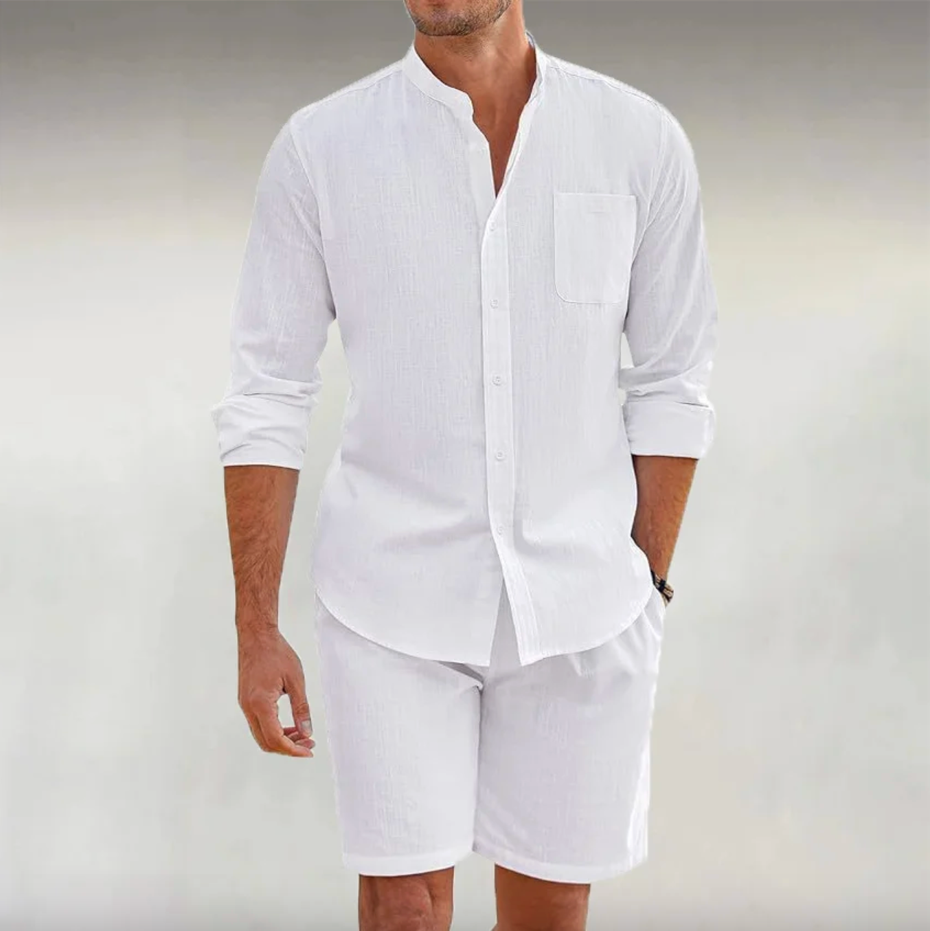 Men's Solid  Color Long Sleeves Shirt & Shorts Two Pieces Set
