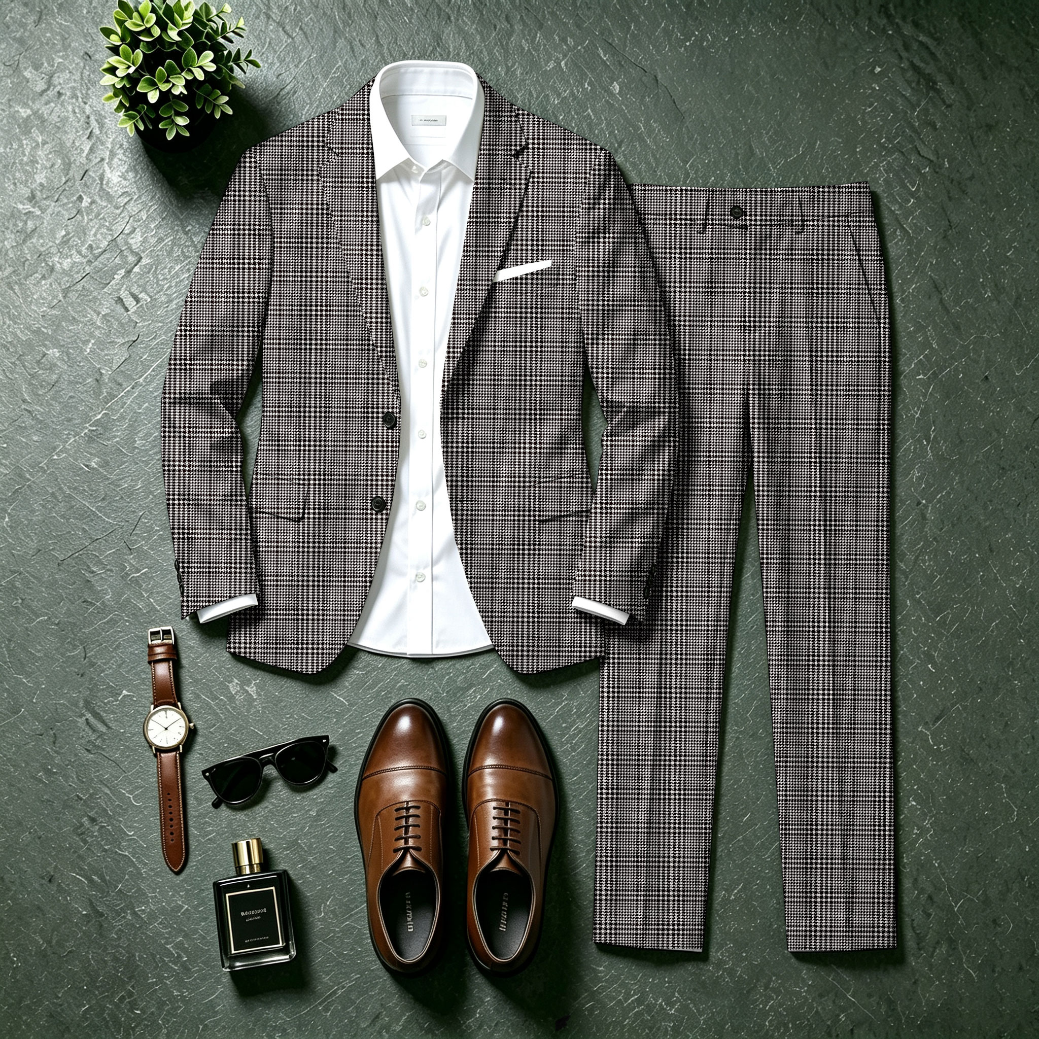 Men’s houndstooth check two-piece suit comprising a jacket and trousers 210806