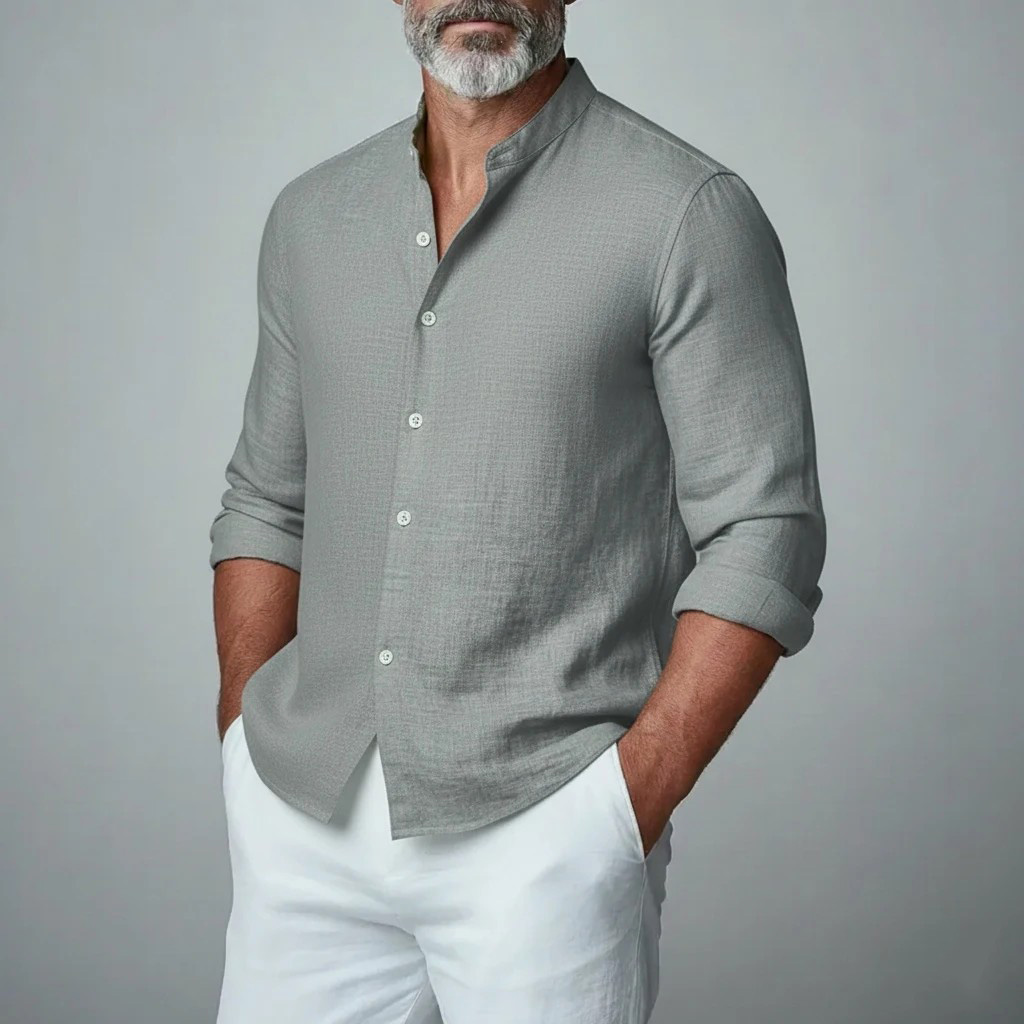 Men's Long- Sleeved Solid Color Small Stand Collar Shirt