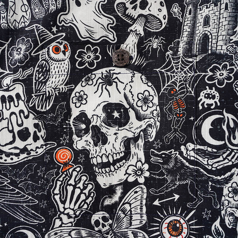 Men's Halloween Shirt Skull Hawaiian Shirt Short Sleeve Camp Collar 100% Cotton Black Halloween Bash