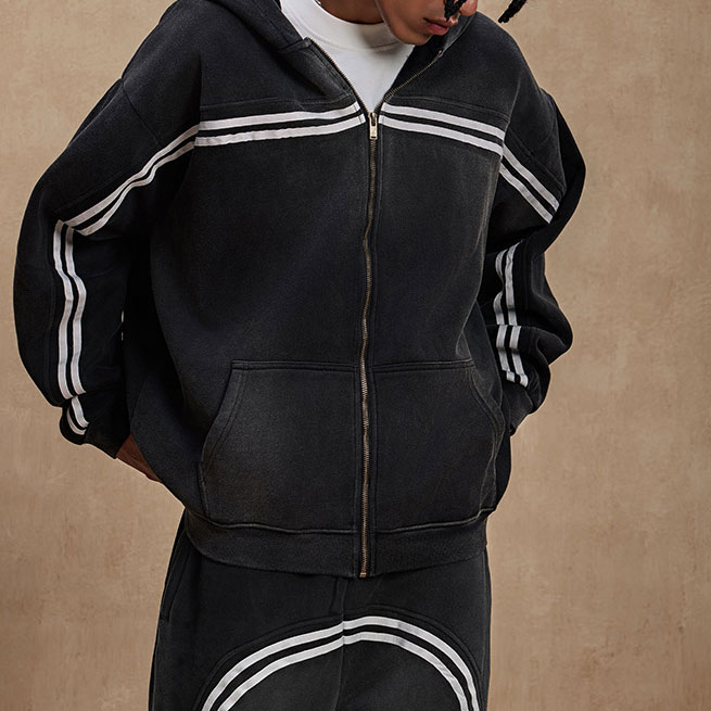 Men's Striped Printed Fleece-Lined Loose Casual Hoodie Jacket & Pants Two Piece Set