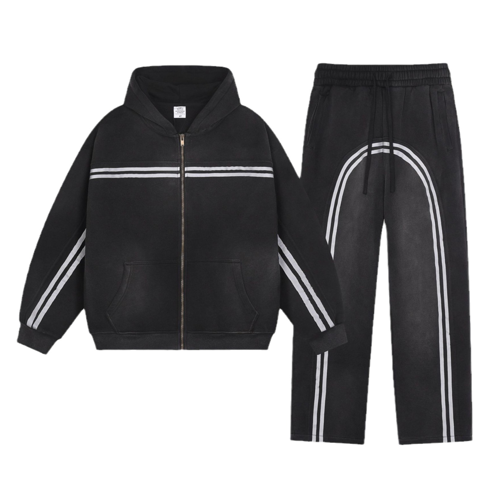 Men's Striped Printed Fleece-Lined Loose Casual Hoodie Jacket & Pants Two Piece Set