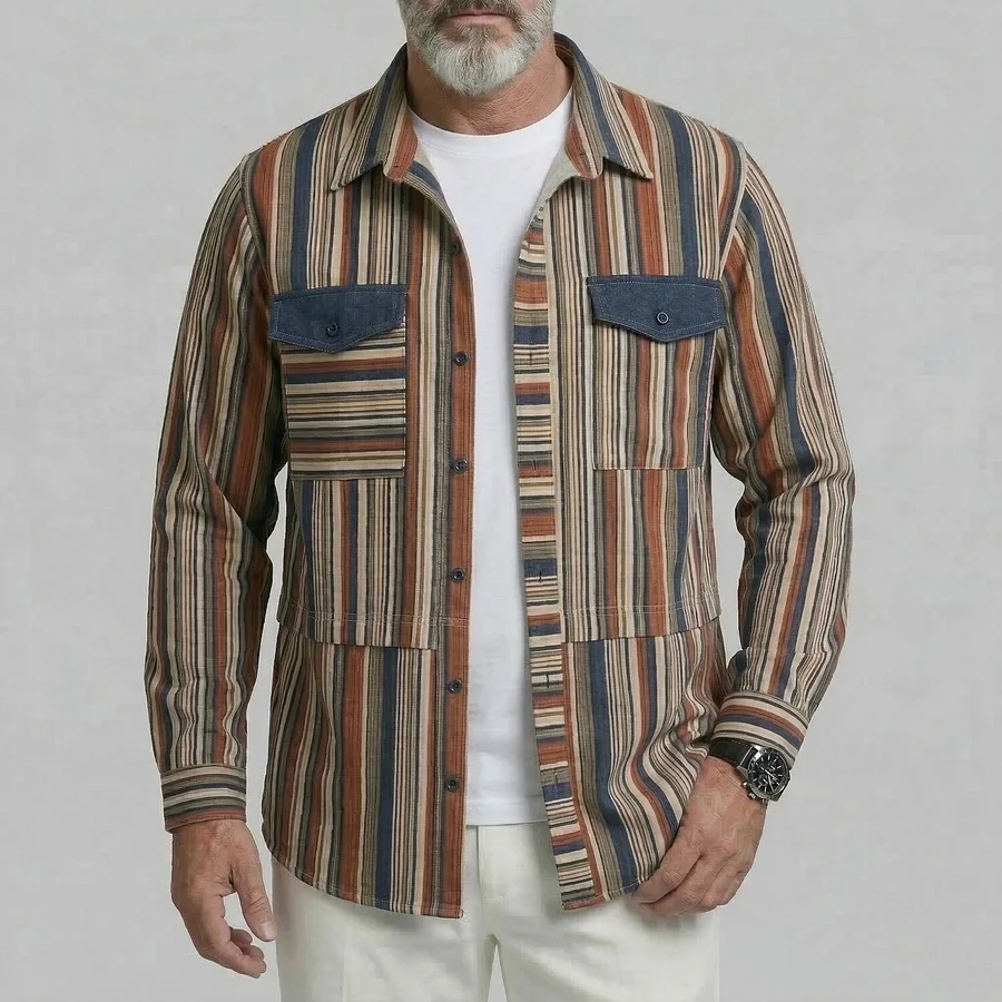 Men's Casual Color Matching Striped Print Flap Pockets Turndown Collar Shirt