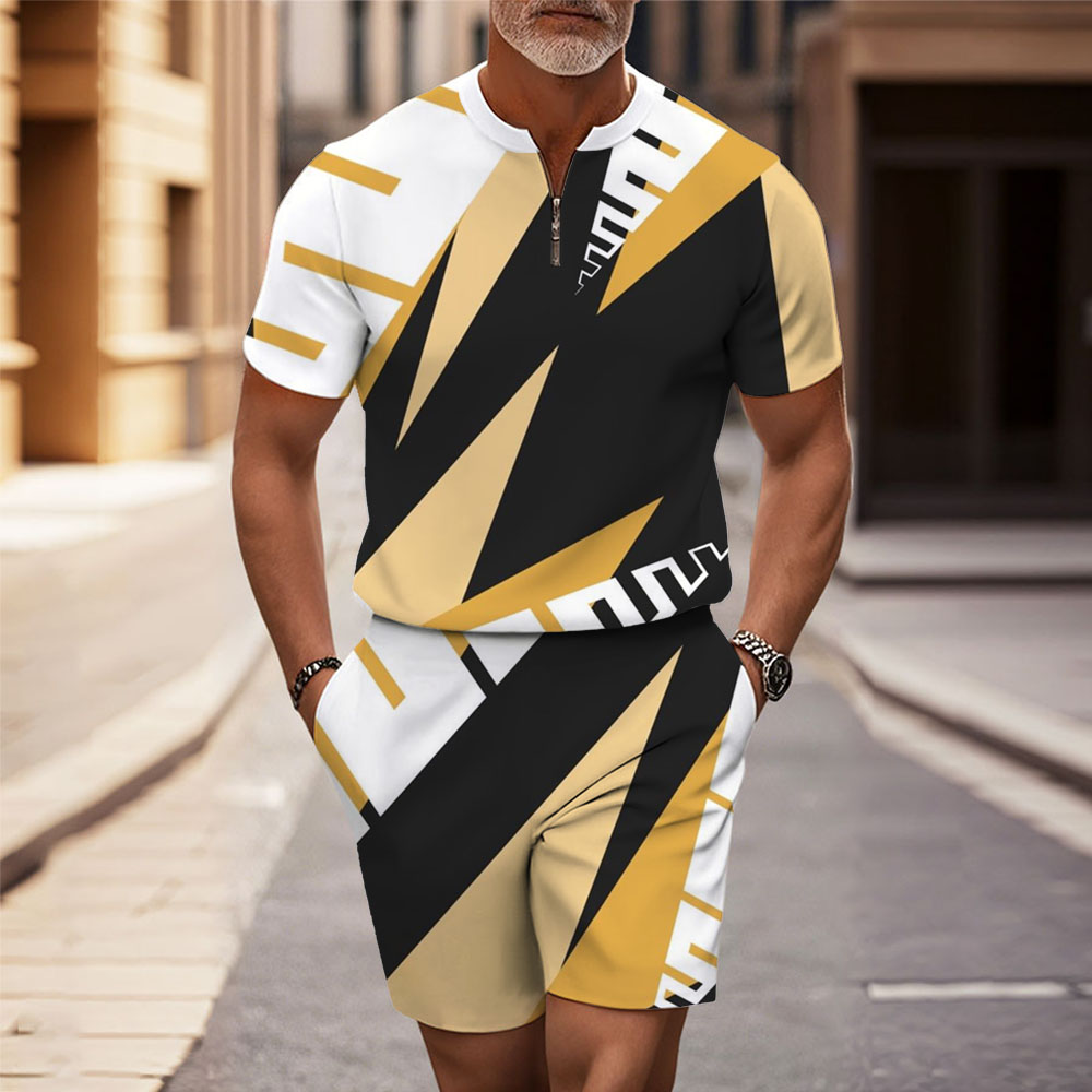 Men's Fashion Casual Round-Neck Geometric Printed Short-Sleeved Two-Piece Set