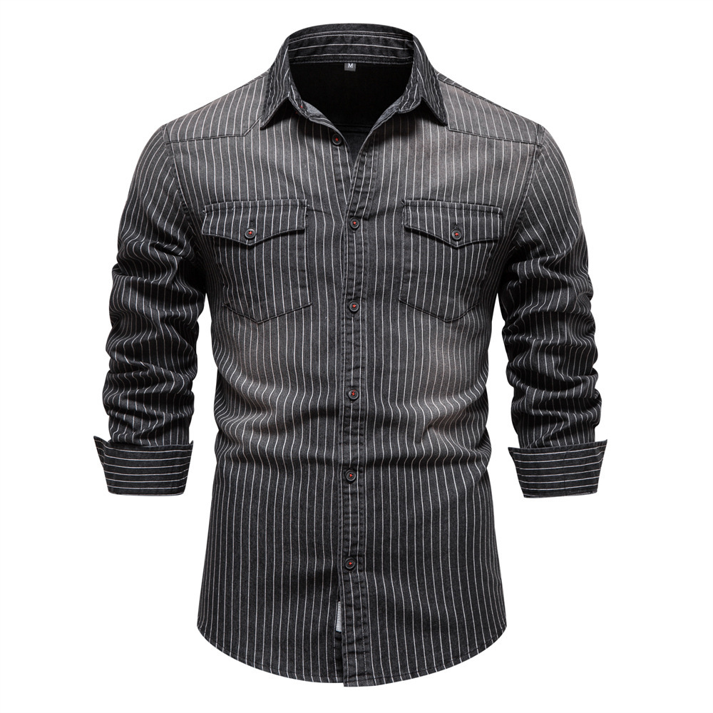 Men's Washed Distressed Striped Denim Shirts