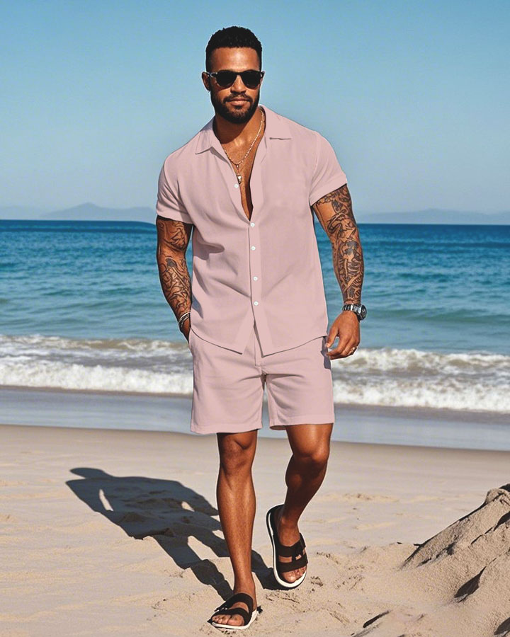 Men's Fashion Casual Lapel Collar Solid Color Short-Sleeved Two-Piece Set